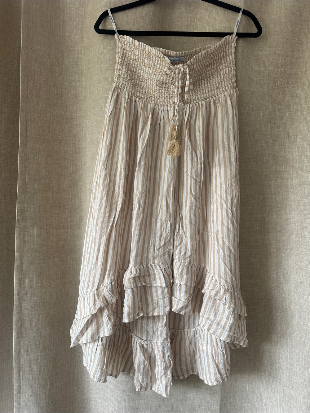blue island Cream and Beige Striped High-Low Tiered Strapless Swim Cover New